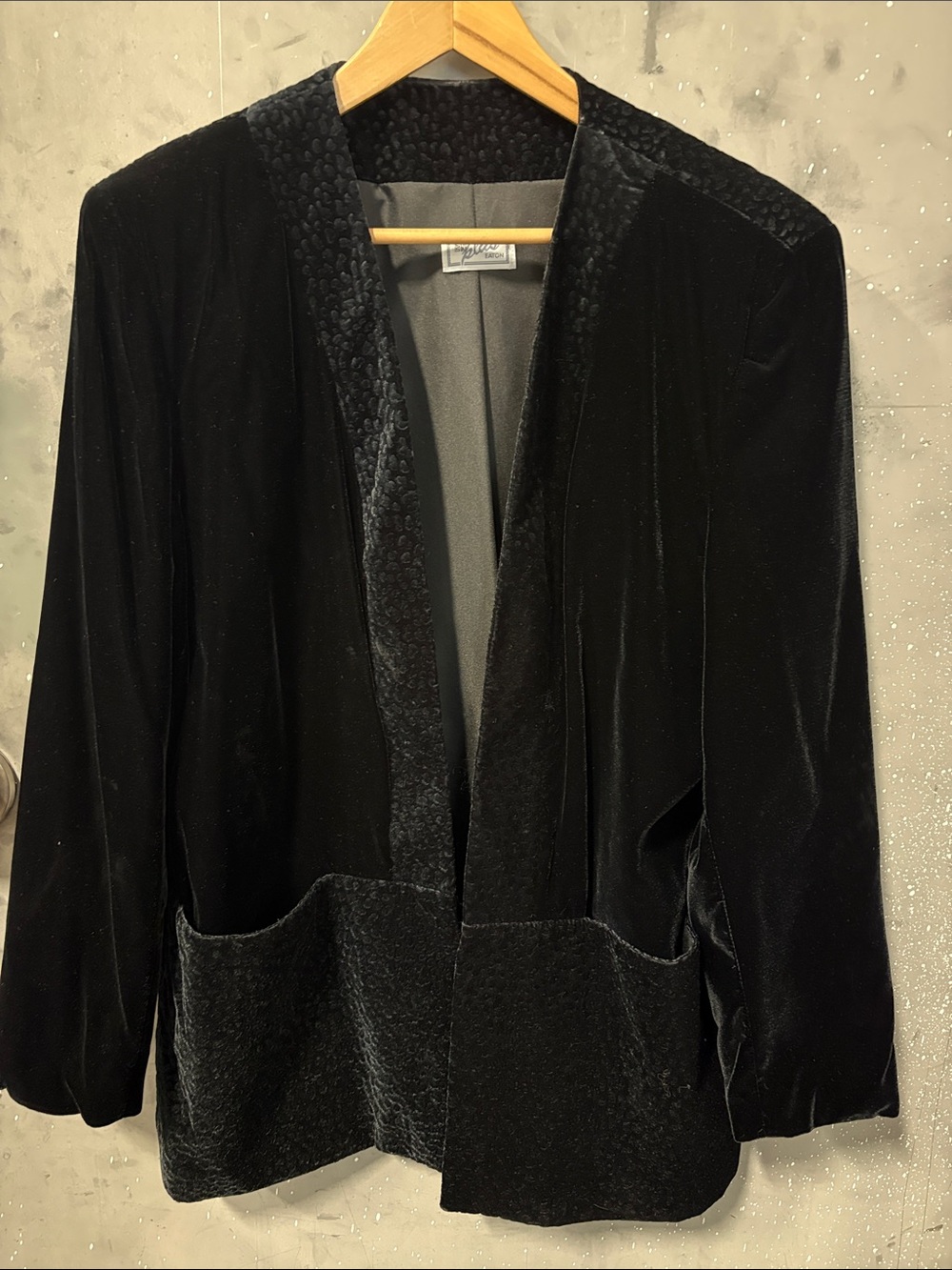 Vintage 80s Black Velvet Open-Front Blazer with Textured Trim